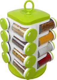 Amazon Brand Solimo Spice containers Revolving Rack (16 pieces, 120ml Capacity each, Food grade, BPA free plastic, Carousel design, Refillable jars, Compatible with Dishwasher)